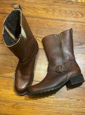 L.L.Bean Women's 8.5 M Eastport Leather Engineer Moto Boots Shearling Lined Brow